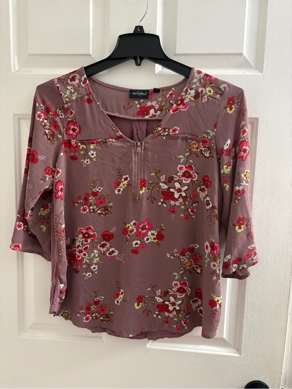 Tempted Mauve Floral Zip-Front Blouse with Pink & Cream Accents